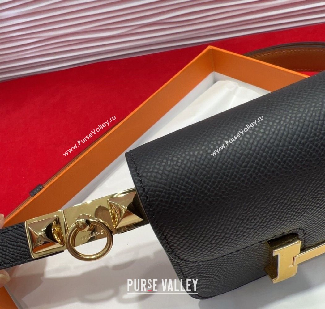 Hermes Constance Slim Pouch Belt 1.7cm in Grained Calfskin with Stud Ring Buckle Black 2025 H072403 (99-250724133)