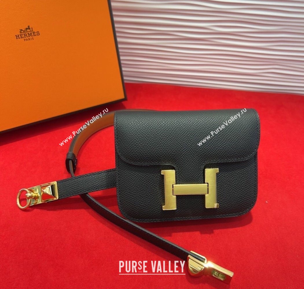 Hermes Constance Slim Pouch Belt 1.7cm in Grained Calfskin with Stud Ring Buckle Black 2025 H072403 (99-250724133)