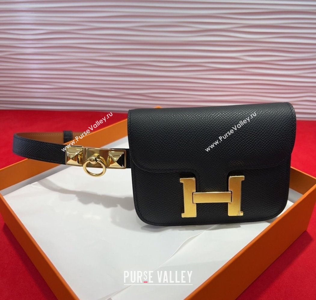 Hermes Constance Slim Pouch Belt 1.7cm in Grained Calfskin with Stud Ring Buckle Black 2025 H072403 (99-250724133)