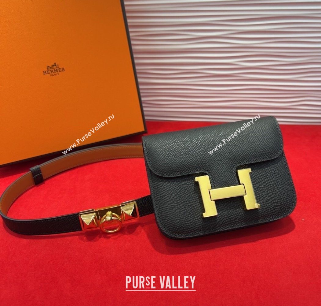 Hermes Constance Slim Pouch Belt 1.7cm in Grained Calfskin with Stud Ring Buckle Black 2025 H072403 (99-250724133)
