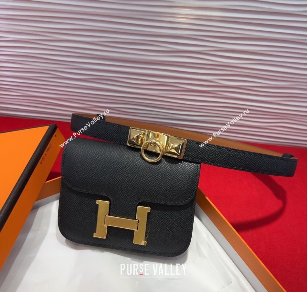 Hermes Constance Slim Pouch Belt 1.7cm in Grained Calfskin with Stud Ring Buckle Black 2025 H072403 (99-250724133)