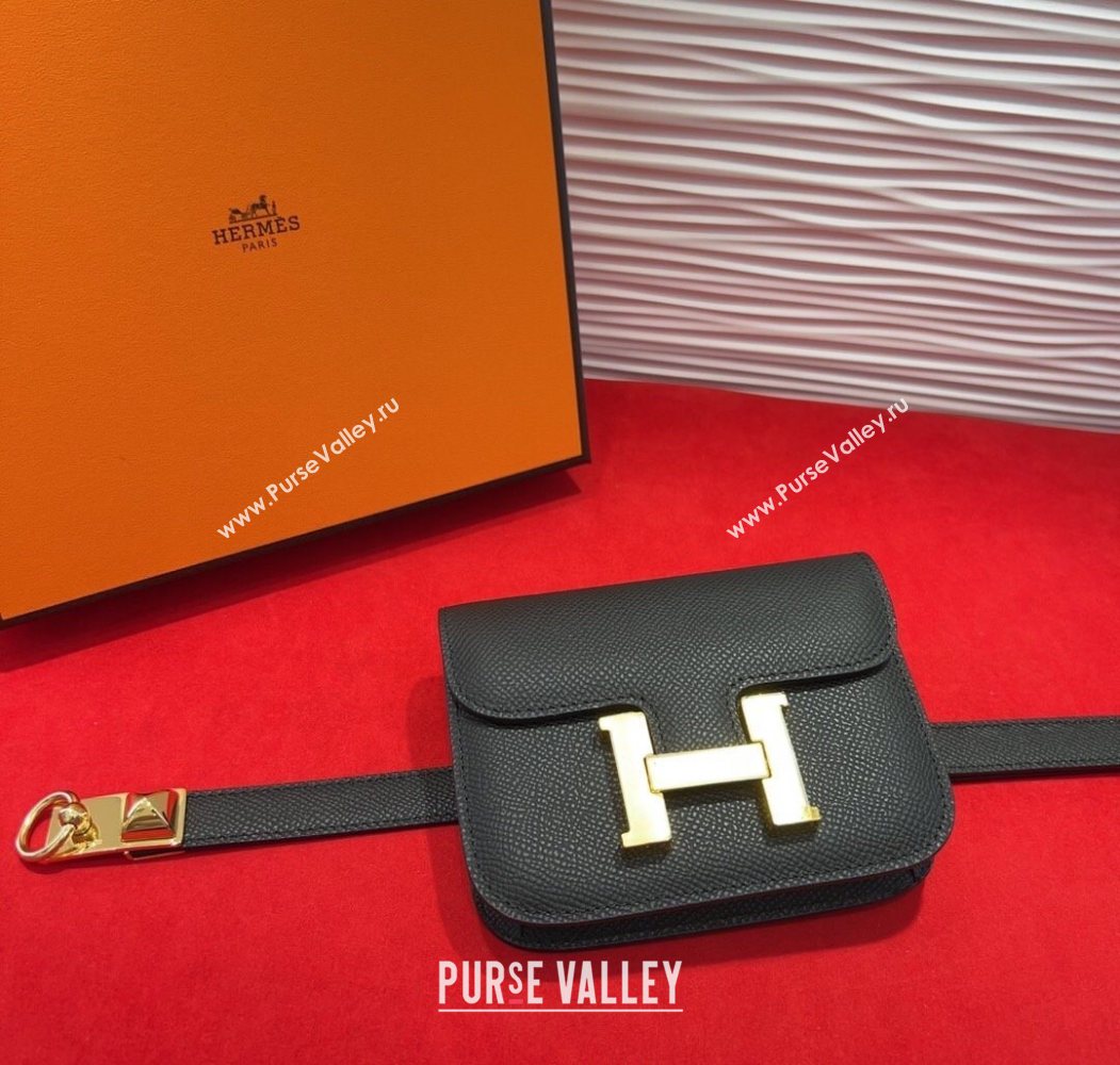 Hermes Constance Slim Pouch Belt 1.7cm in Grained Calfskin with Stud Ring Buckle Black 2025 H072403 (99-250724133)