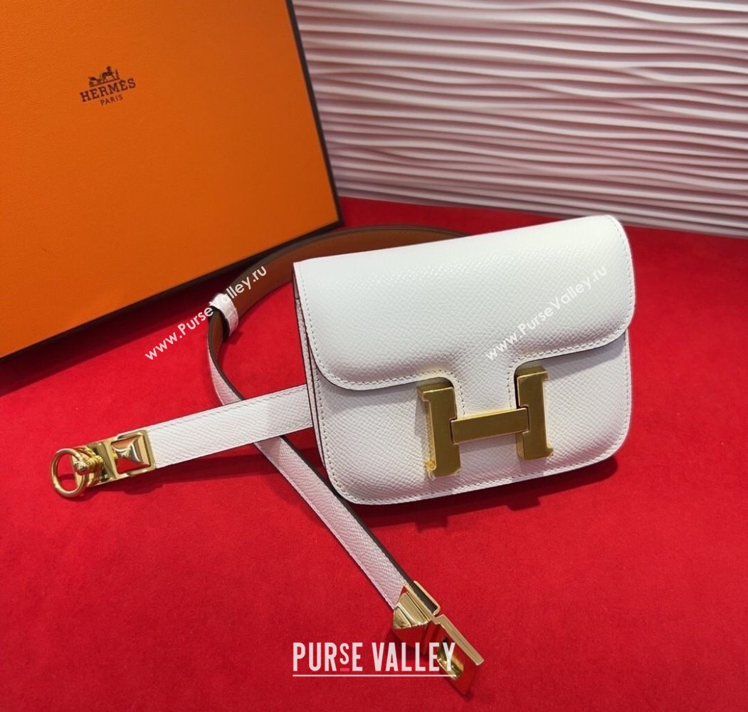 Hermes Constance Slim Pouch Belt 1.7cm in Grained Calfskin with Stud Ring Buckle White 2025 H072403 (99-250724134)