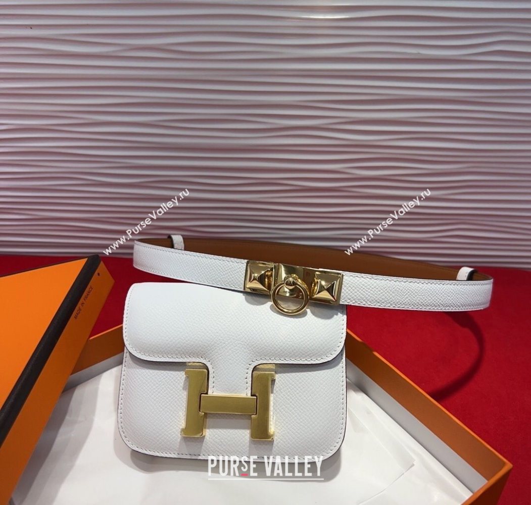 Hermes Constance Slim Pouch Belt 1.7cm in Grained Calfskin with Stud Ring Buckle White 2025 H072403 (99-250724134)