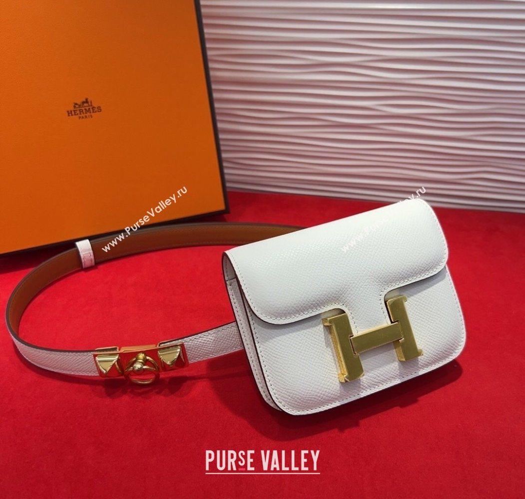 Hermes Constance Slim Pouch Belt 1.7cm in Grained Calfskin with Stud Ring Buckle White 2025 H072403 (99-250724134)