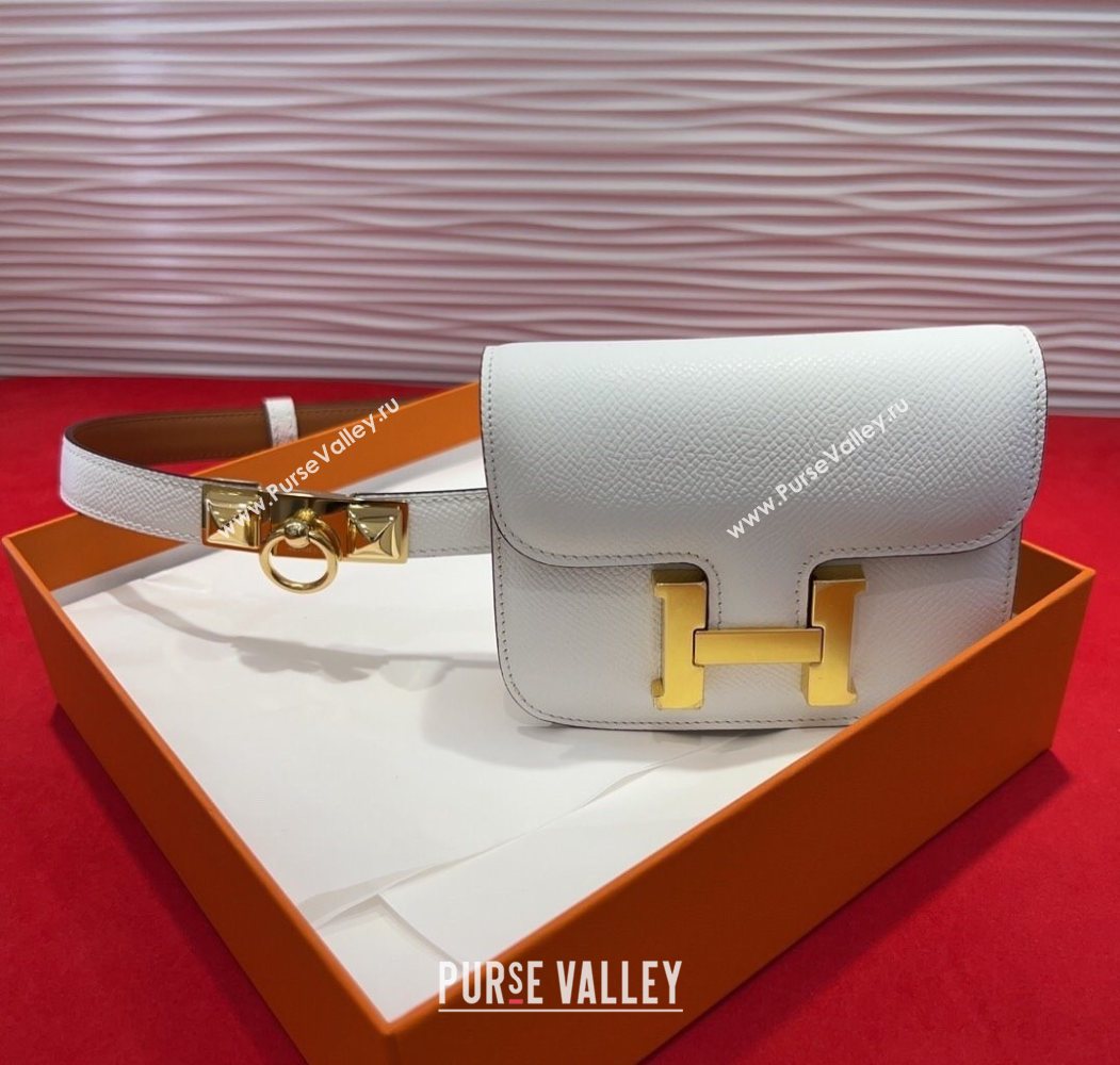 Hermes Constance Slim Pouch Belt 1.7cm in Grained Calfskin with Stud Ring Buckle White 2025 H072403 (99-250724134)