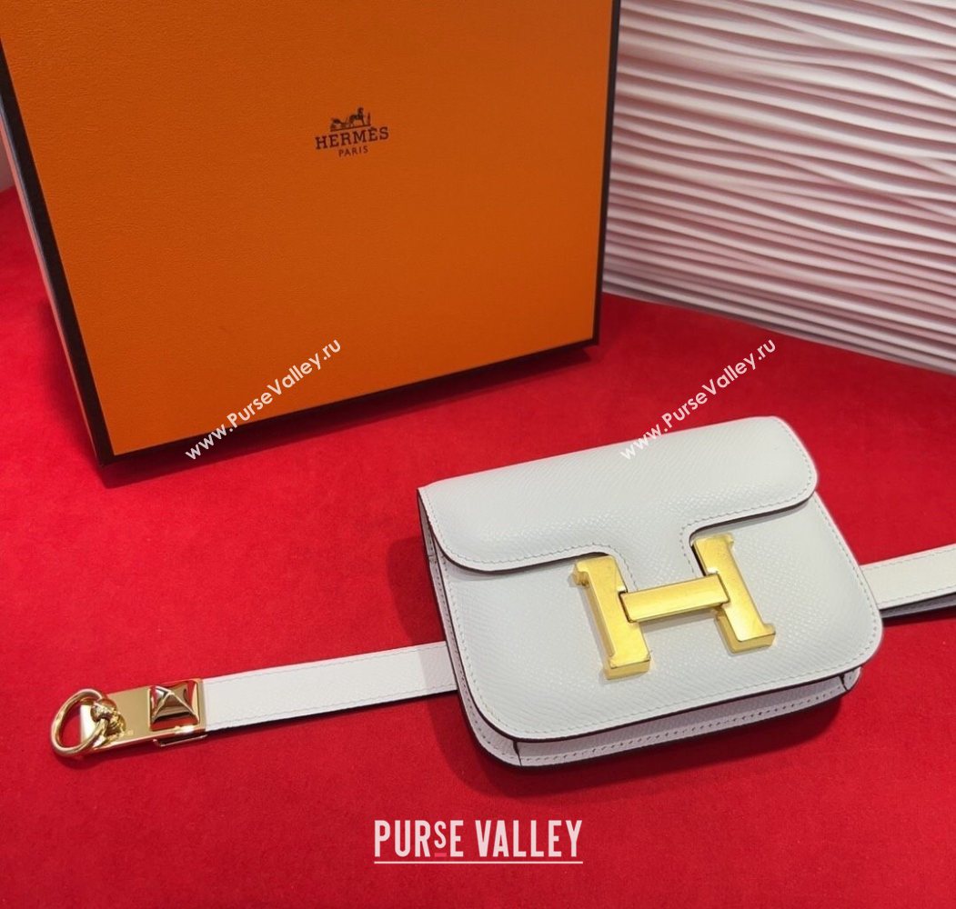 Hermes Constance Slim Pouch Belt 1.7cm in Grained Calfskin with Stud Ring Buckle White 2025 H072403 (99-250724134)