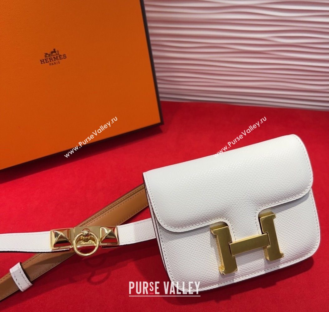 Hermes Constance Slim Pouch Belt 1.7cm in Grained Calfskin with Stud Ring Buckle White 2025 H072403 (99-250724134)