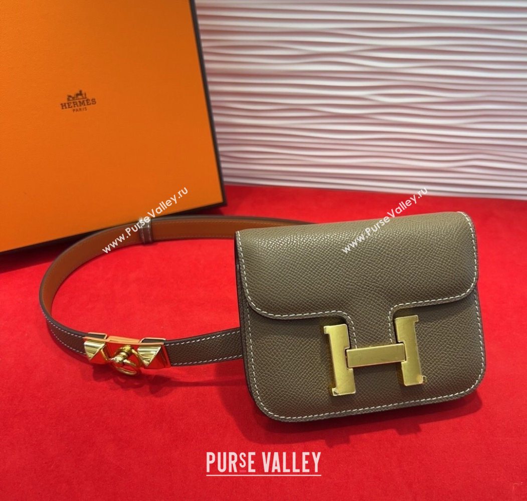 Hermes Constance Slim Pouch Belt 1.7cm in Grained Calfskin with Stud Ring Buckle Grey 2025 H072403 (99-250724135)