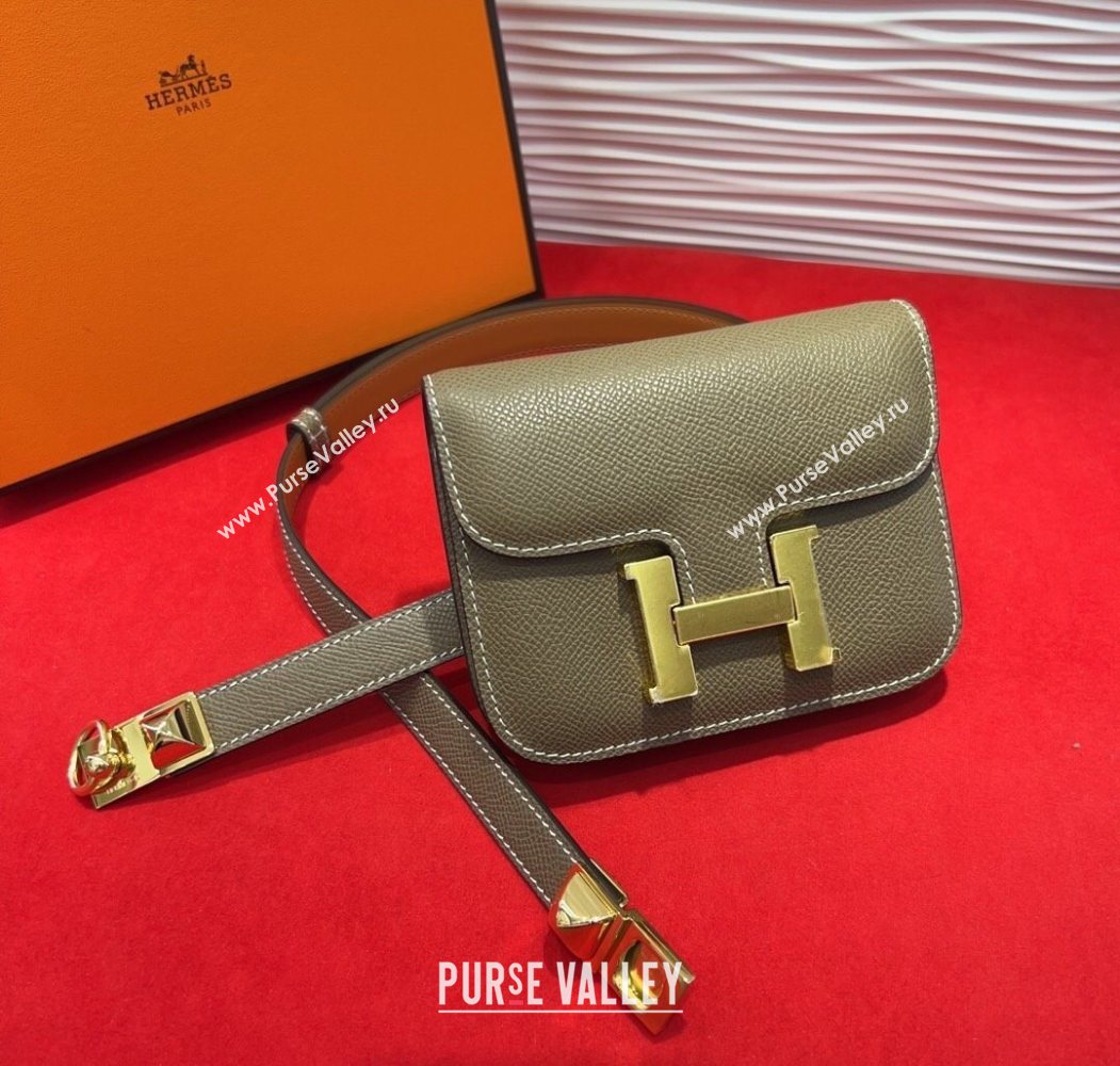Hermes Constance Slim Pouch Belt 1.7cm in Grained Calfskin with Stud Ring Buckle Grey 2025 H072403 (99-250724135)