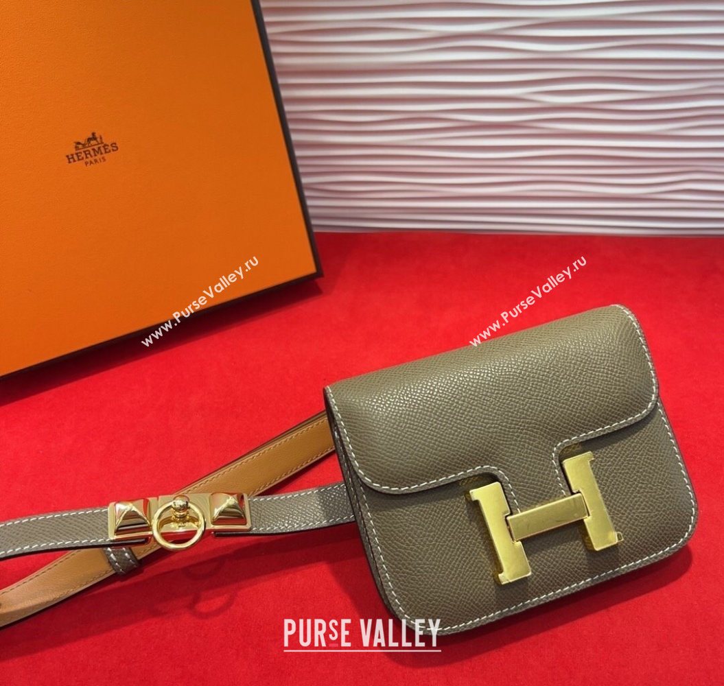 Hermes Constance Slim Pouch Belt 1.7cm in Grained Calfskin with Stud Ring Buckle Grey 2025 H072403 (99-250724135)