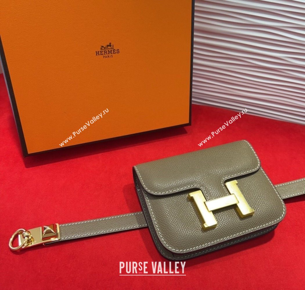 Hermes Constance Slim Pouch Belt 1.7cm in Grained Calfskin with Stud Ring Buckle Grey 2025 H072403 (99-250724135)