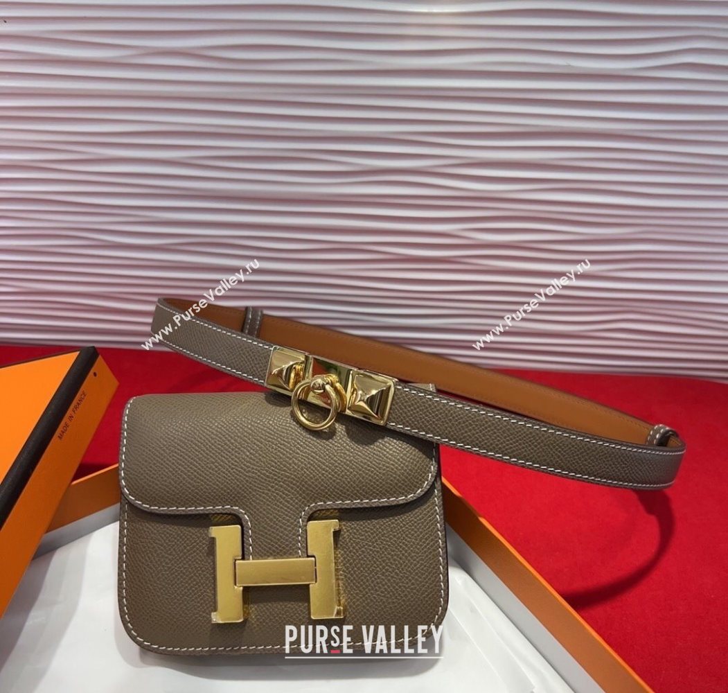 Hermes Constance Slim Pouch Belt 1.7cm in Grained Calfskin with Stud Ring Buckle Grey 2025 H072403 (99-250724135)