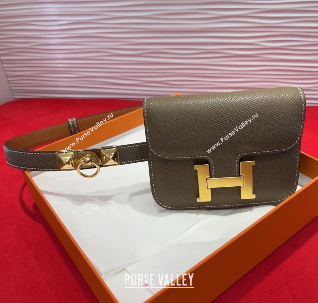 Hermes Constance Slim Pouch Belt 1.7cm in Grained Calfskin with Stud Ring Buckle Grey 2025 H072403 (99-250724135)