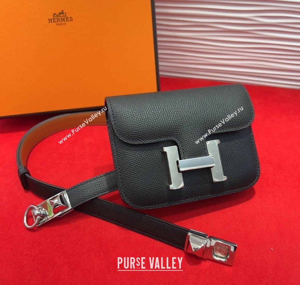 Hermes Constance Slim Pouch Belt 1.7cm in Grained Calfskin with Stud Ring Buckle Black 2025 H072404 (99-250724136)