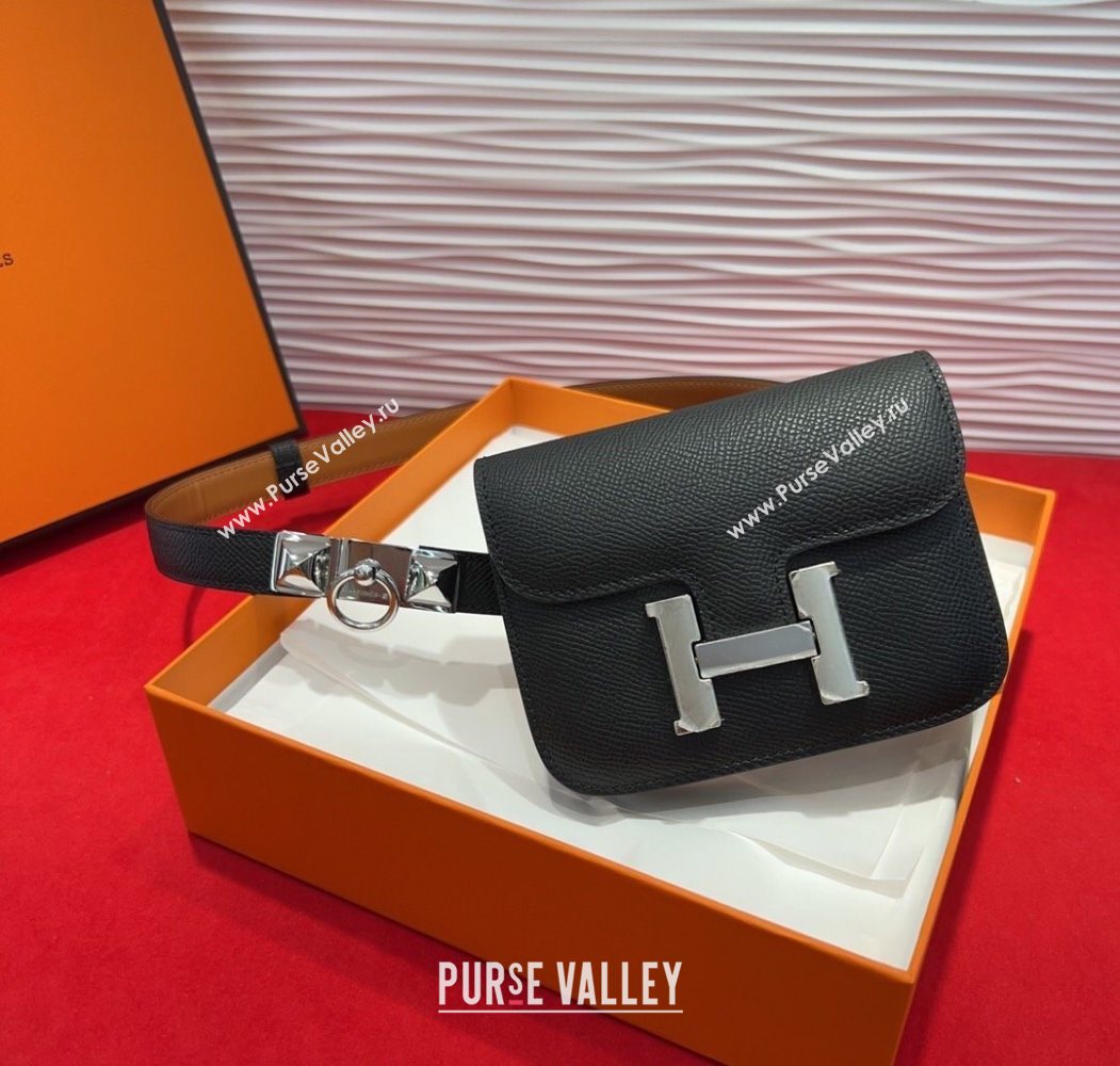 Hermes Constance Slim Pouch Belt 1.7cm in Grained Calfskin with Stud Ring Buckle Black 2025 H072404 (99-250724136)