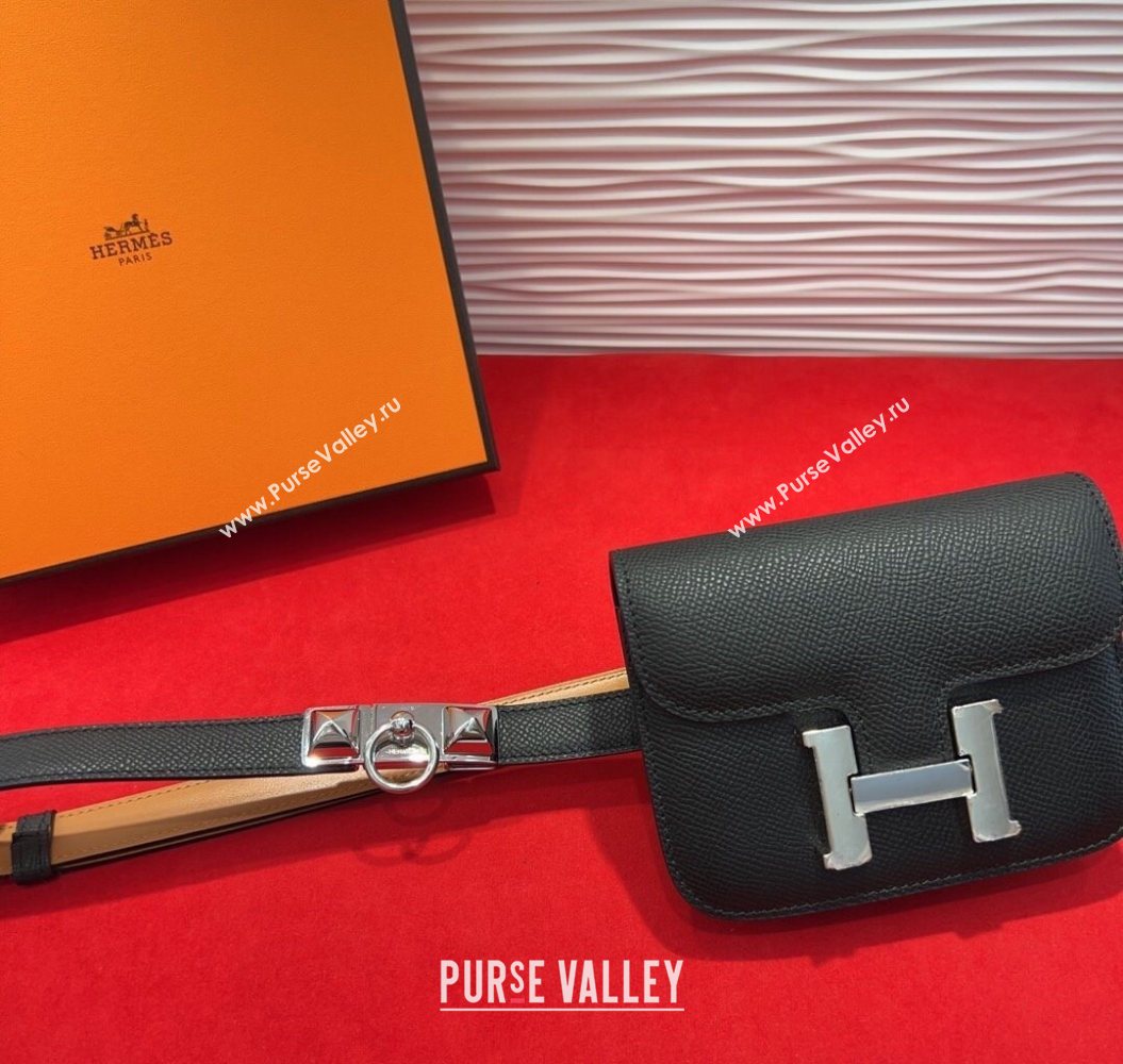Hermes Constance Slim Pouch Belt 1.7cm in Grained Calfskin with Stud Ring Buckle Black 2025 H072404 (99-250724136)