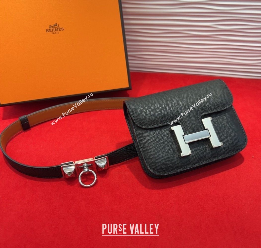 Hermes Constance Slim Pouch Belt 1.7cm in Grained Calfskin with Stud Ring Buckle Black 2025 H072404 (99-250724136)