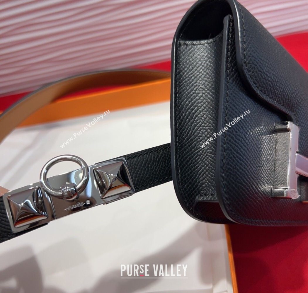 Hermes Constance Slim Pouch Belt 1.7cm in Grained Calfskin with Stud Ring Buckle Black 2025 H072404 (99-250724136)