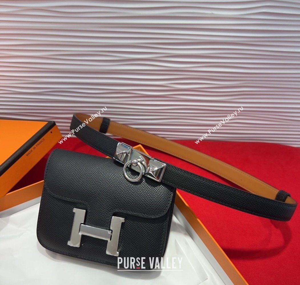 Hermes Constance Slim Pouch Belt 1.7cm in Grained Calfskin with Stud Ring Buckle Black 2025 H072404 (99-250724136)