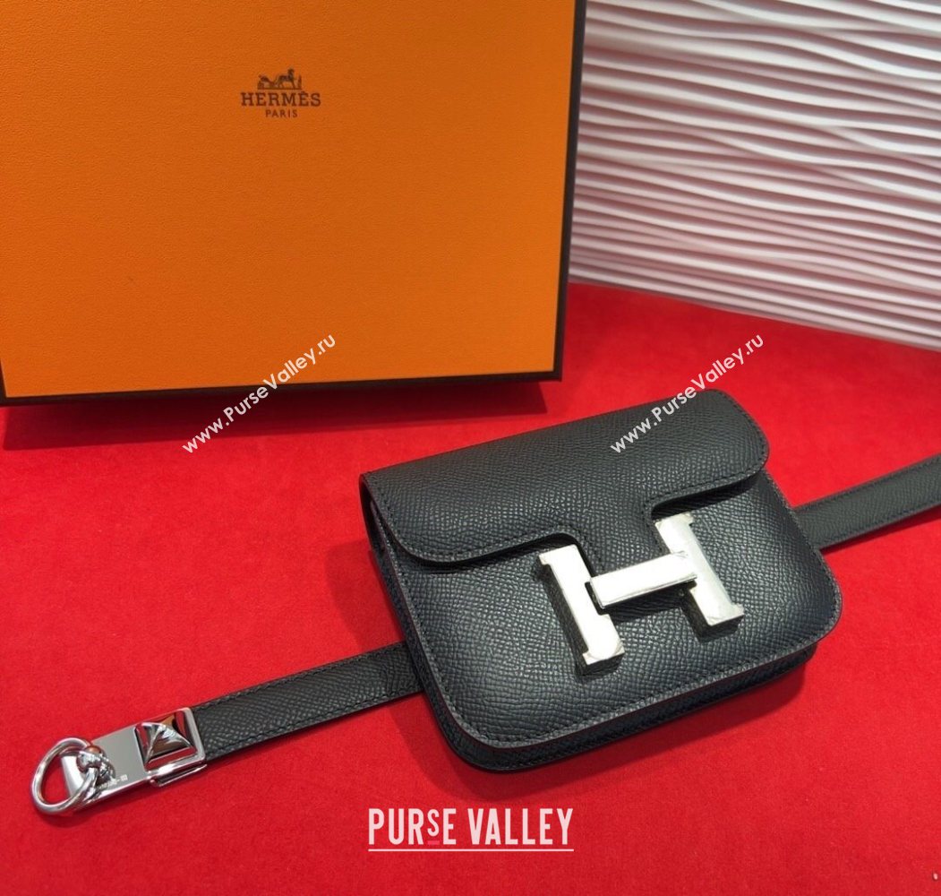 Hermes Constance Slim Pouch Belt 1.7cm in Grained Calfskin with Stud Ring Buckle Black 2025 H072404 (99-250724136)