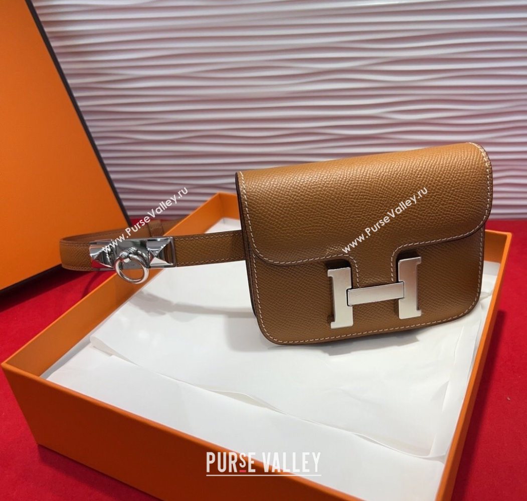 Hermes Constance Slim Pouch Belt 1.7cm in Grained Calfskin with Stud Ring Buckle Brown 2025 H072404 (99-250724137)