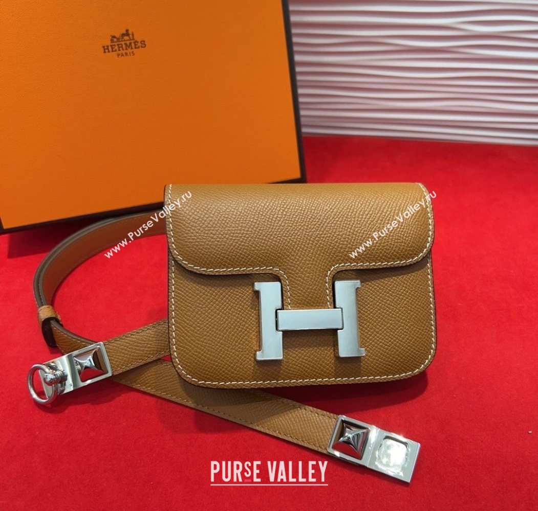 Hermes Constance Slim Pouch Belt 1.7cm in Grained Calfskin with Stud Ring Buckle Brown 2025 H072404 (99-250724137)