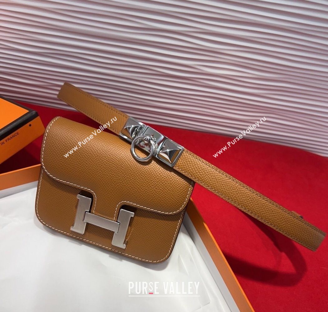 Hermes Constance Slim Pouch Belt 1.7cm in Grained Calfskin with Stud Ring Buckle Brown 2025 H072404 (99-250724137)