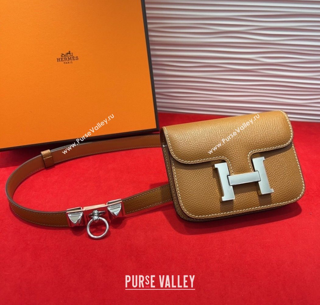 Hermes Constance Slim Pouch Belt 1.7cm in Grained Calfskin with Stud Ring Buckle Brown 2025 H072404 (99-250724137)