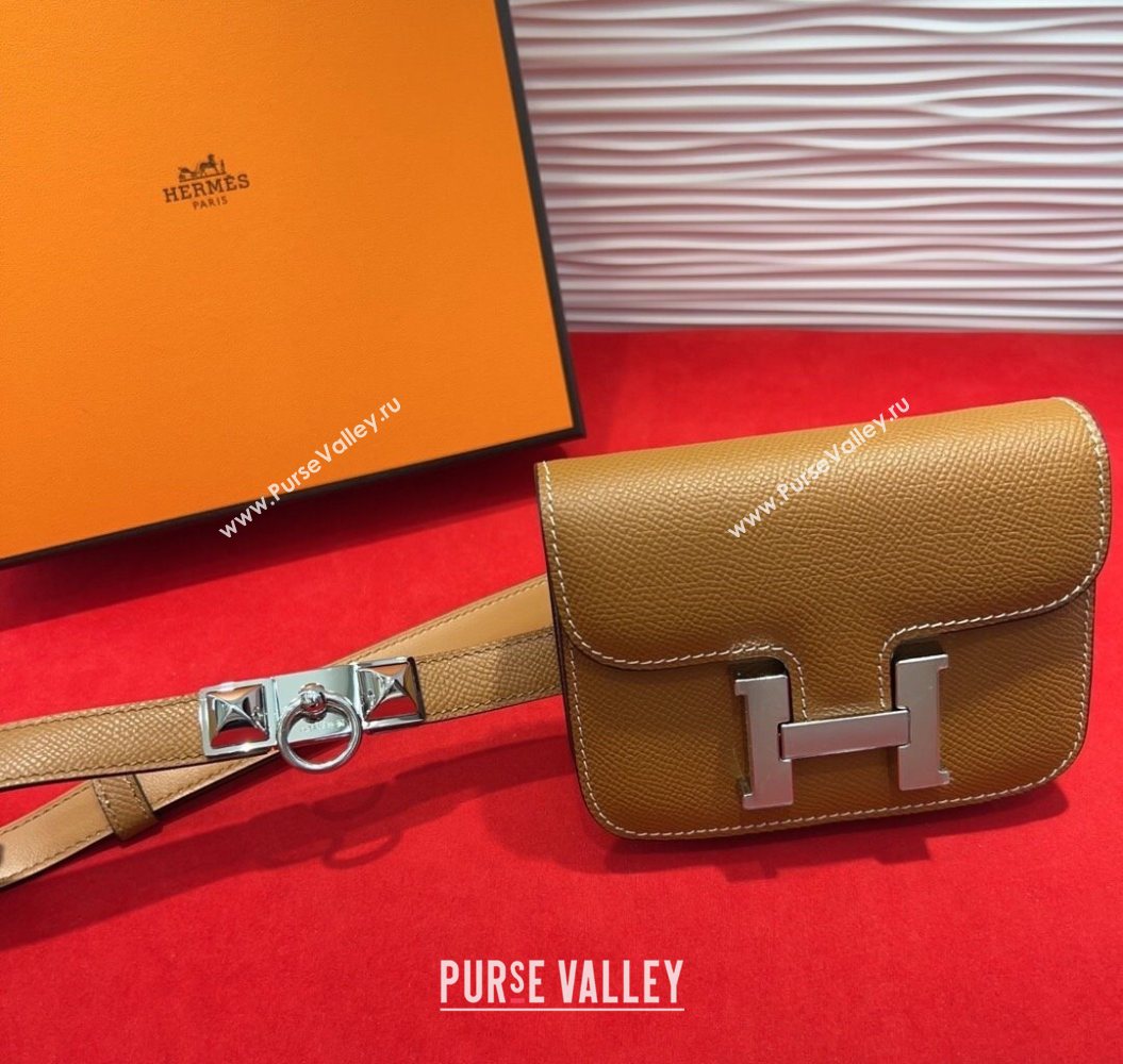 Hermes Constance Slim Pouch Belt 1.7cm in Grained Calfskin with Stud Ring Buckle Brown 2025 H072404 (99-250724137)