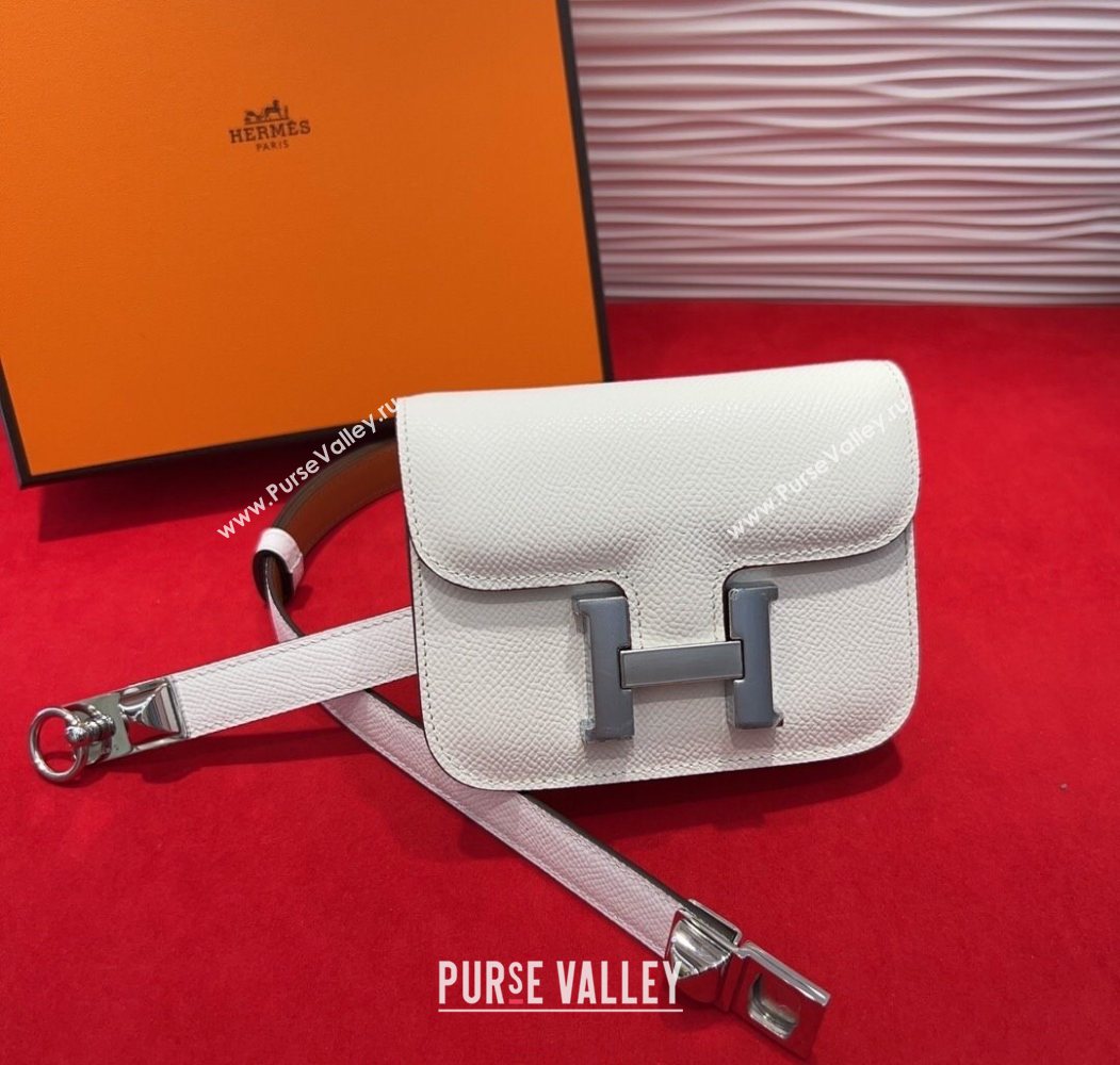 Hermes Constance Slim Pouch Belt 1.7cm in Grained Calfskin with Stud Ring Buckle White 2025 H072404 (99-250724138)