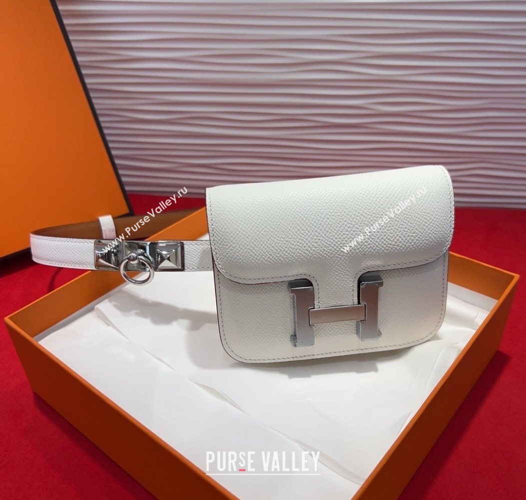 Hermes Constance Slim Pouch Belt 1.7cm in Grained Calfskin with Stud Ring Buckle White 2025 H072404 (99-250724138)