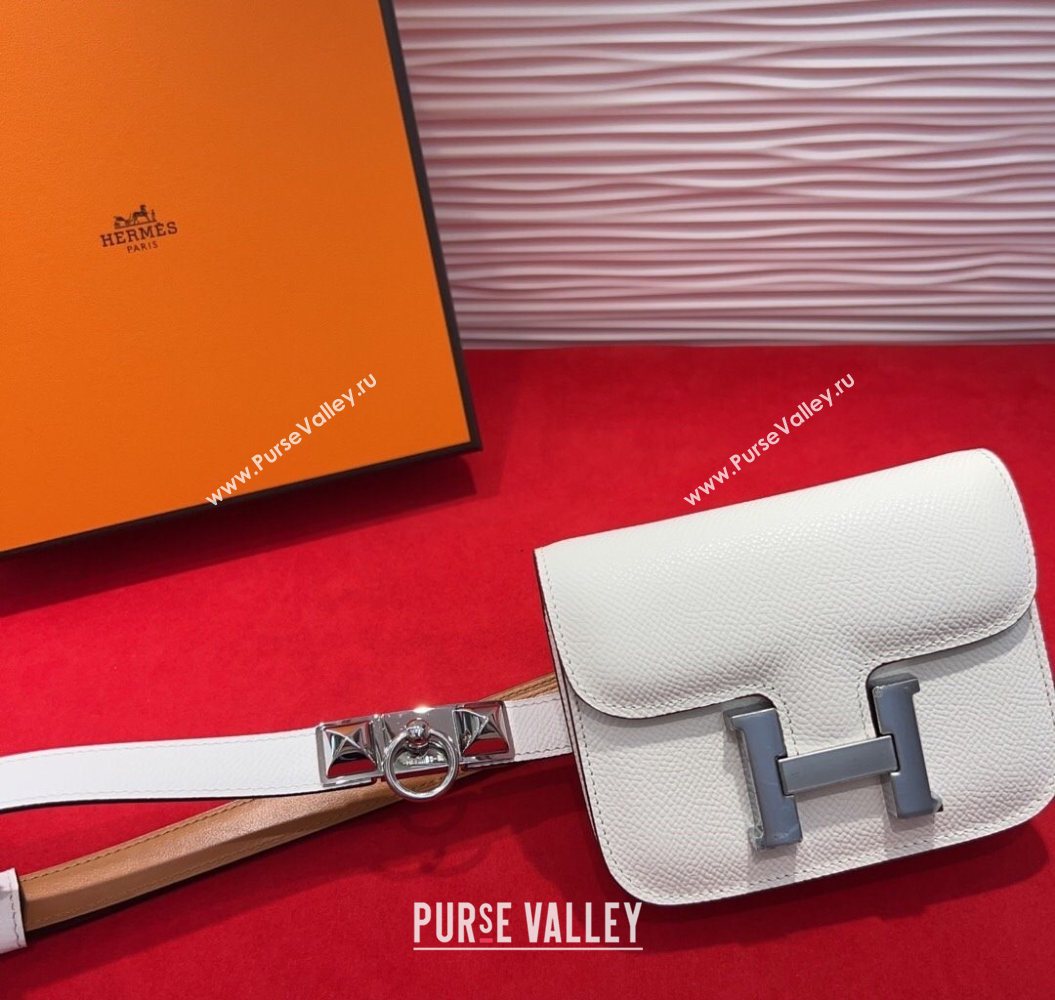 Hermes Constance Slim Pouch Belt 1.7cm in Grained Calfskin with Stud Ring Buckle White 2025 H072404 (99-250724138)