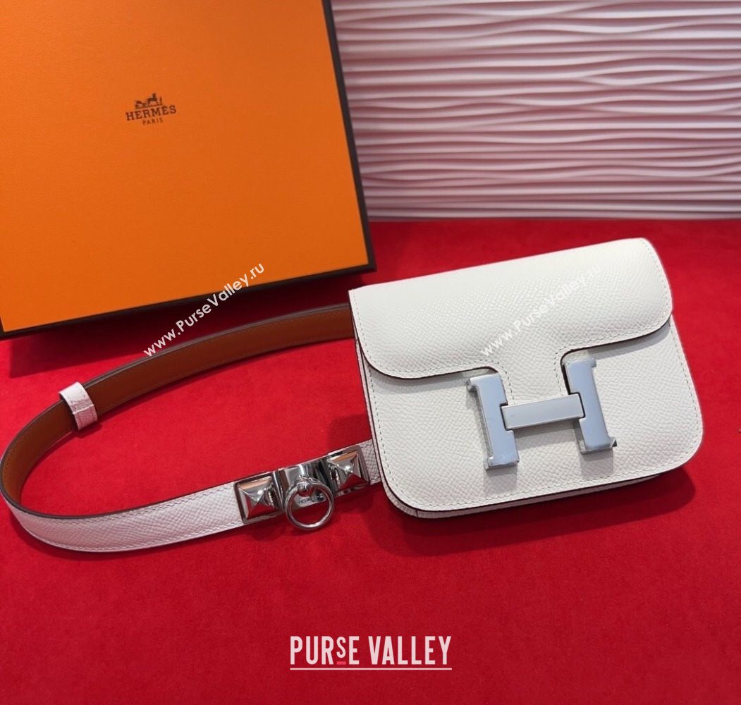 Hermes Constance Slim Pouch Belt 1.7cm in Grained Calfskin with Stud Ring Buckle White 2025 H072404 (99-250724138)