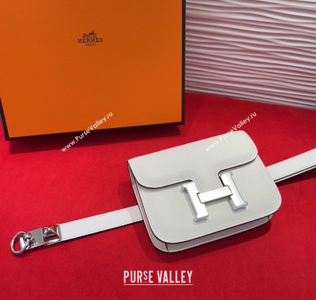 Hermes Constance Slim Pouch Belt 1.7cm in Grained Calfskin with Stud Ring Buckle White 2025 H072404 (99-250724138)