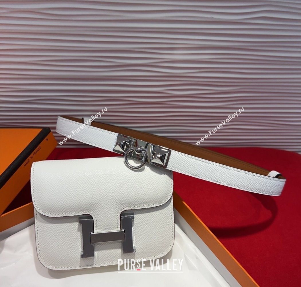 Hermes Constance Slim Pouch Belt 1.7cm in Grained Calfskin with Stud Ring Buckle White 2025 H072404 (99-250724138)