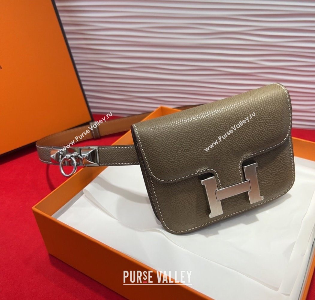Hermes Constance Slim Pouch Belt 1.7cm in Grained Calfskin with Stud Ring Buckle Grey 2025 H072404 (99-250724139)