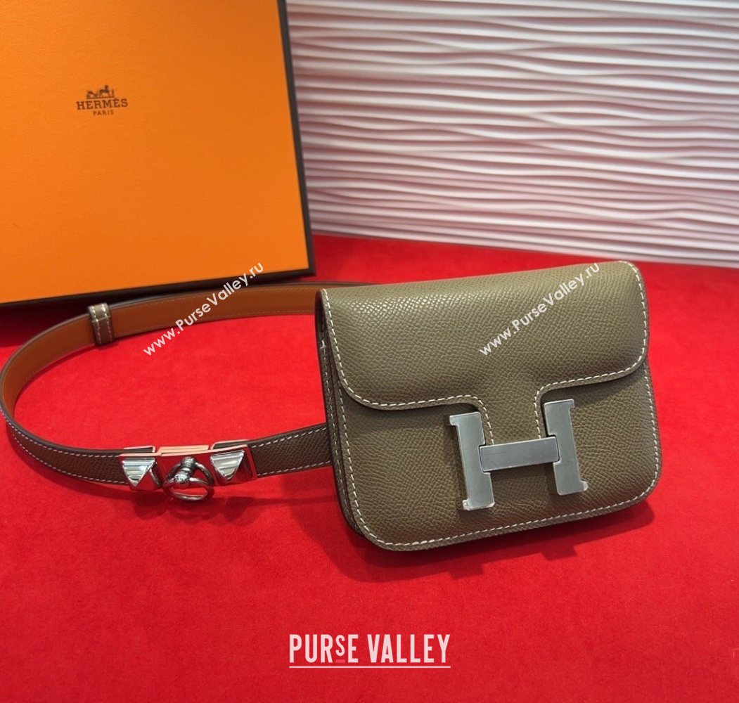 Hermes Constance Slim Pouch Belt 1.7cm in Grained Calfskin with Stud Ring Buckle Grey 2025 H072404 (99-250724139)