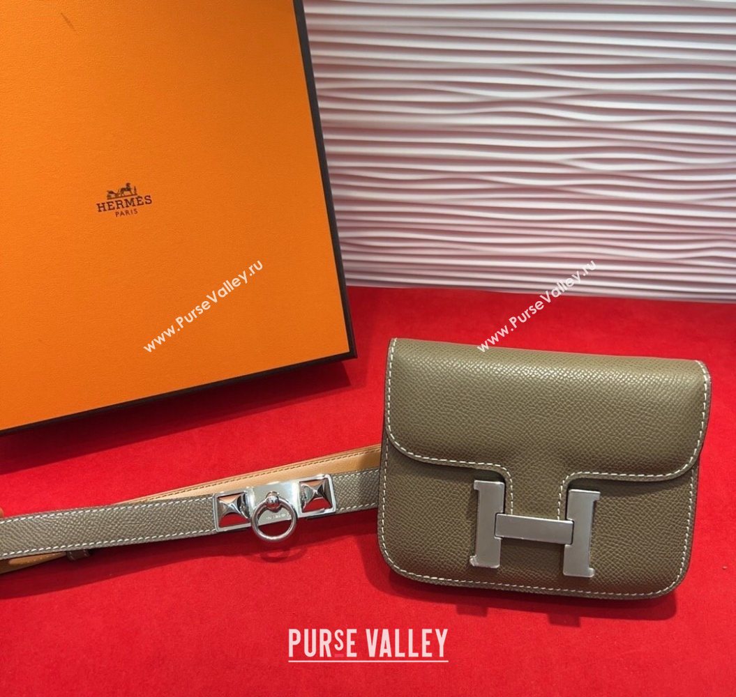 Hermes Constance Slim Pouch Belt 1.7cm in Grained Calfskin with Stud Ring Buckle Grey 2025 H072404 (99-250724139)