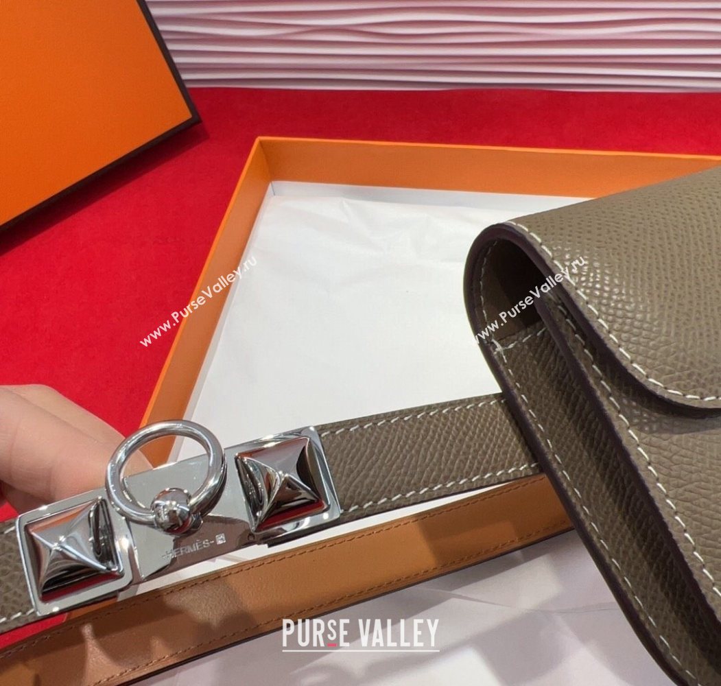 Hermes Constance Slim Pouch Belt 1.7cm in Grained Calfskin with Stud Ring Buckle Grey 2025 H072404 (99-250724139)