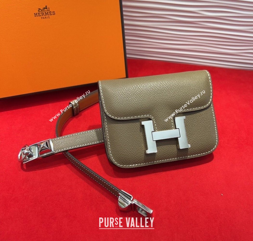 Hermes Constance Slim Pouch Belt 1.7cm in Grained Calfskin with Stud Ring Buckle Grey 2025 H072404 (99-250724139)