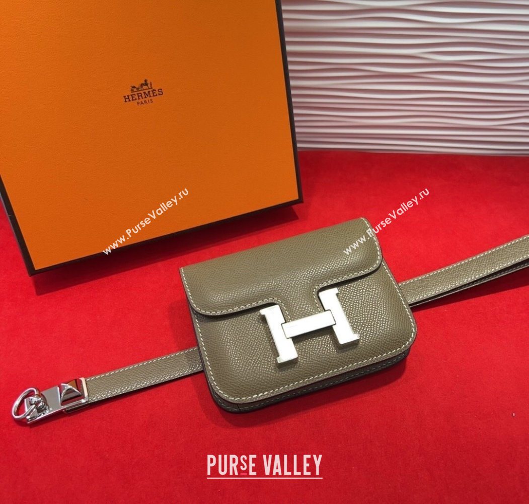 Hermes Constance Slim Pouch Belt 1.7cm in Grained Calfskin with Stud Ring Buckle Grey 2025 H072404 (99-250724139)