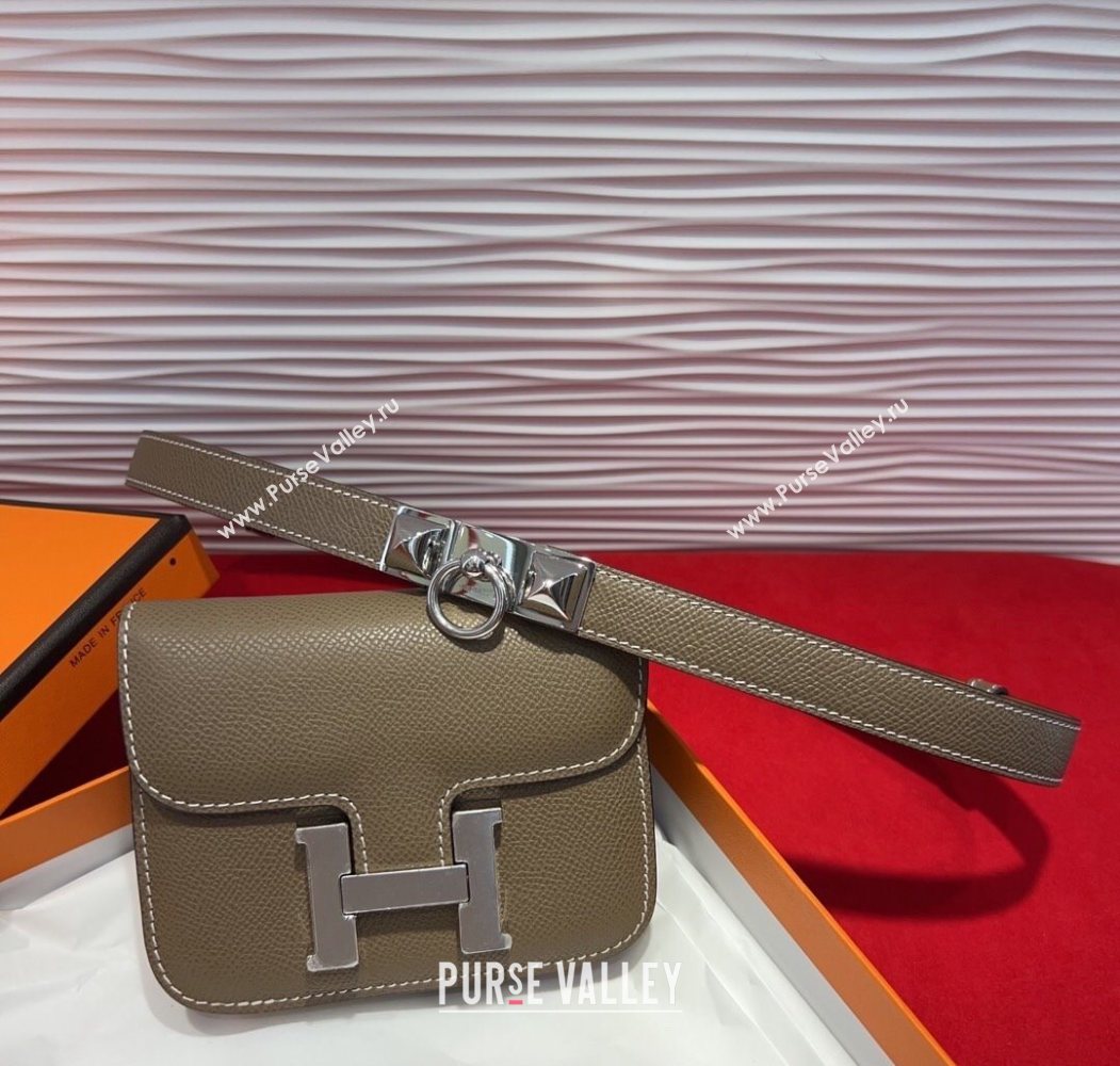 Hermes Constance Slim Pouch Belt 1.7cm in Grained Calfskin with Stud Ring Buckle Grey 2025 H072404 (99-250724139)