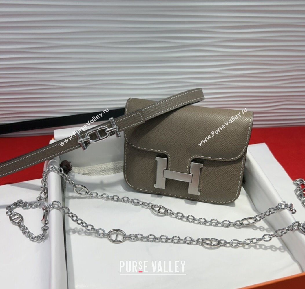 Hermes Constance Slim Pouch Belt 1.5cm in Grained Calfskin with dAncre Buckle Grey 2025 H072405 (99-250724140)