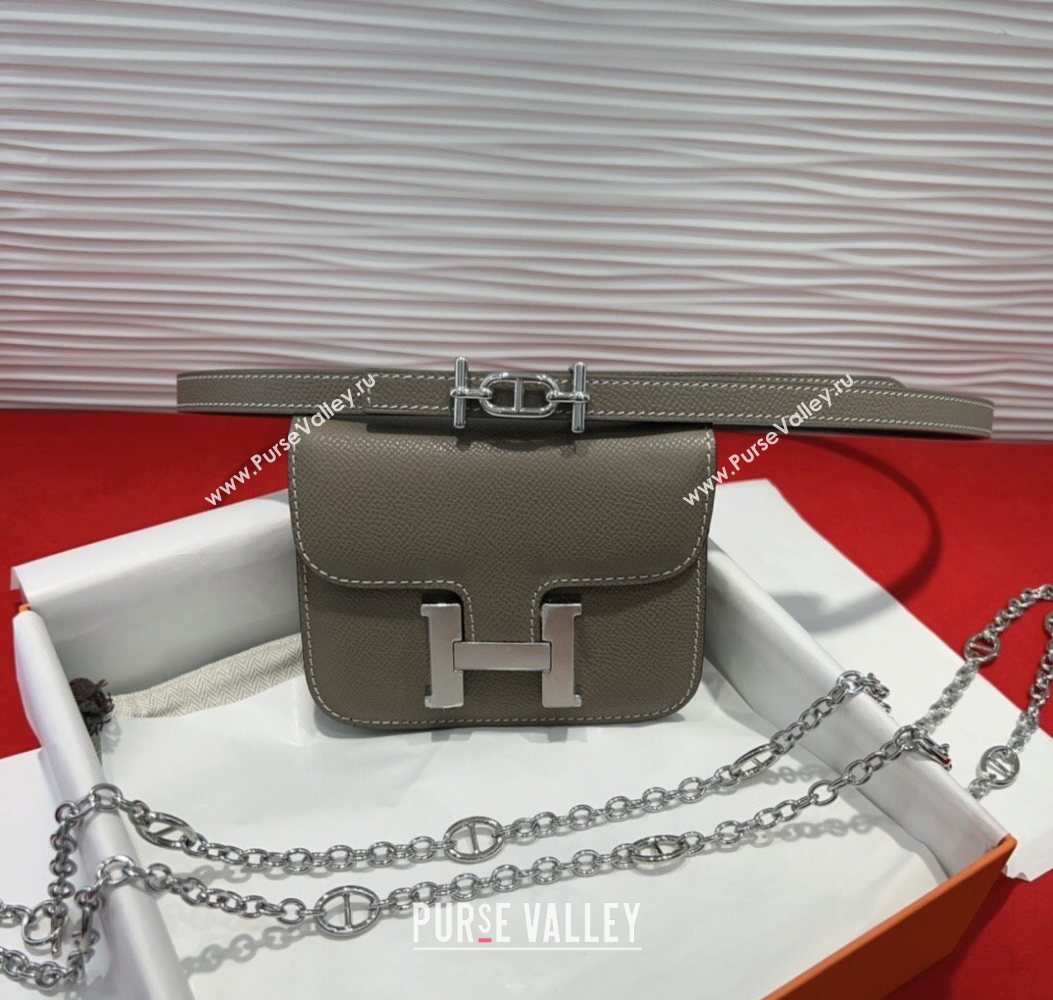 Hermes Constance Slim Pouch Belt 1.5cm in Grained Calfskin with dAncre Buckle Grey 2025 H072405 (99-250724140)