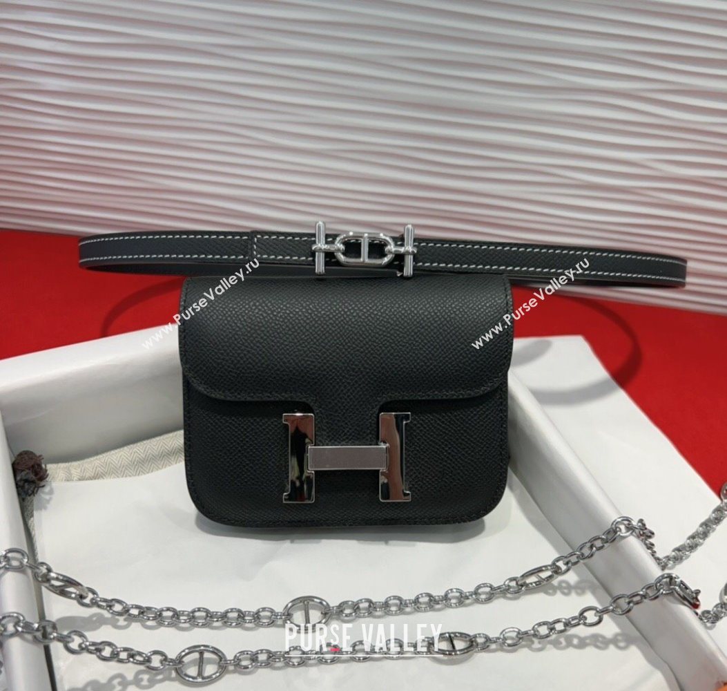Hermes Constance Slim Pouch Belt 1.5cm in Grained Calfskin with dAncre Buckle Black 2025 H072405 (99-250724141)