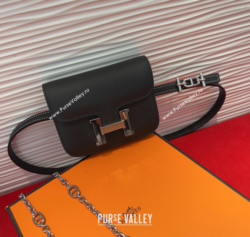 Hermes Constance Slim Pouch Belt 1.5cm in Grained Calfskin with dAncre Buckle Black 2025 H072405 (99-250724141)