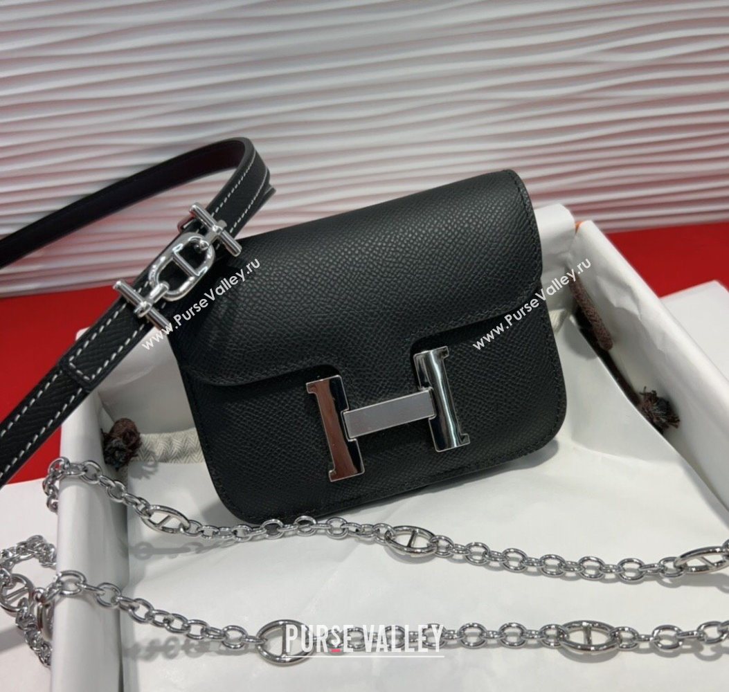 Hermes Constance Slim Pouch Belt 1.5cm in Grained Calfskin with dAncre Buckle Black 2025 H072405 (99-250724141)