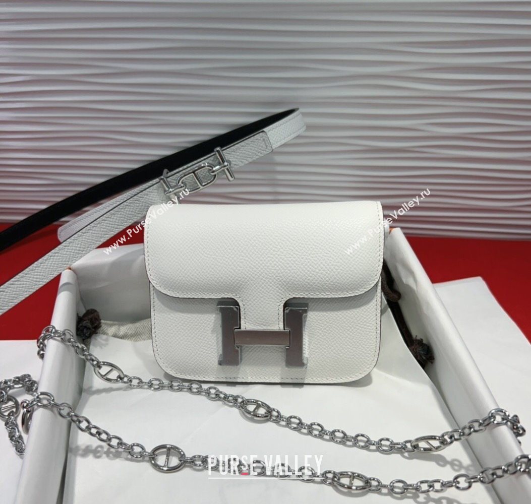 Hermes Constance Slim Pouch Belt 1.5cm in Grained Calfskin with dAncre Buckle White 2025 H072405 (99-250724142)
