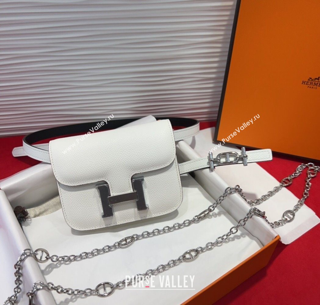 Hermes Constance Slim Pouch Belt 1.5cm in Grained Calfskin with dAncre Buckle White 2025 H072405 (99-250724142)